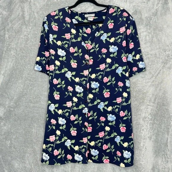 Notations 2X Shirt Top Navy Blue Floral Flower Button Up Short Sleeve V Neck - Picture 1 of 6